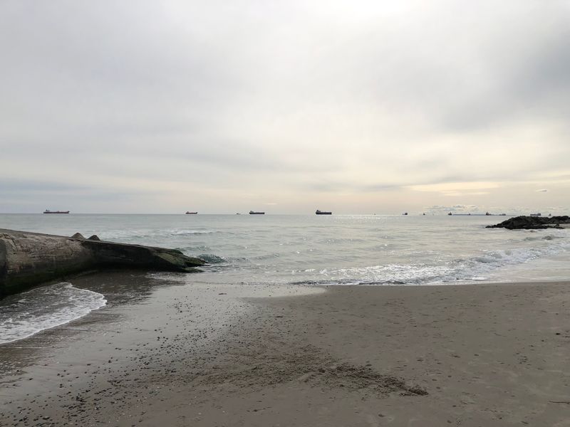 Strand met golven en veel schepen aan de horizon